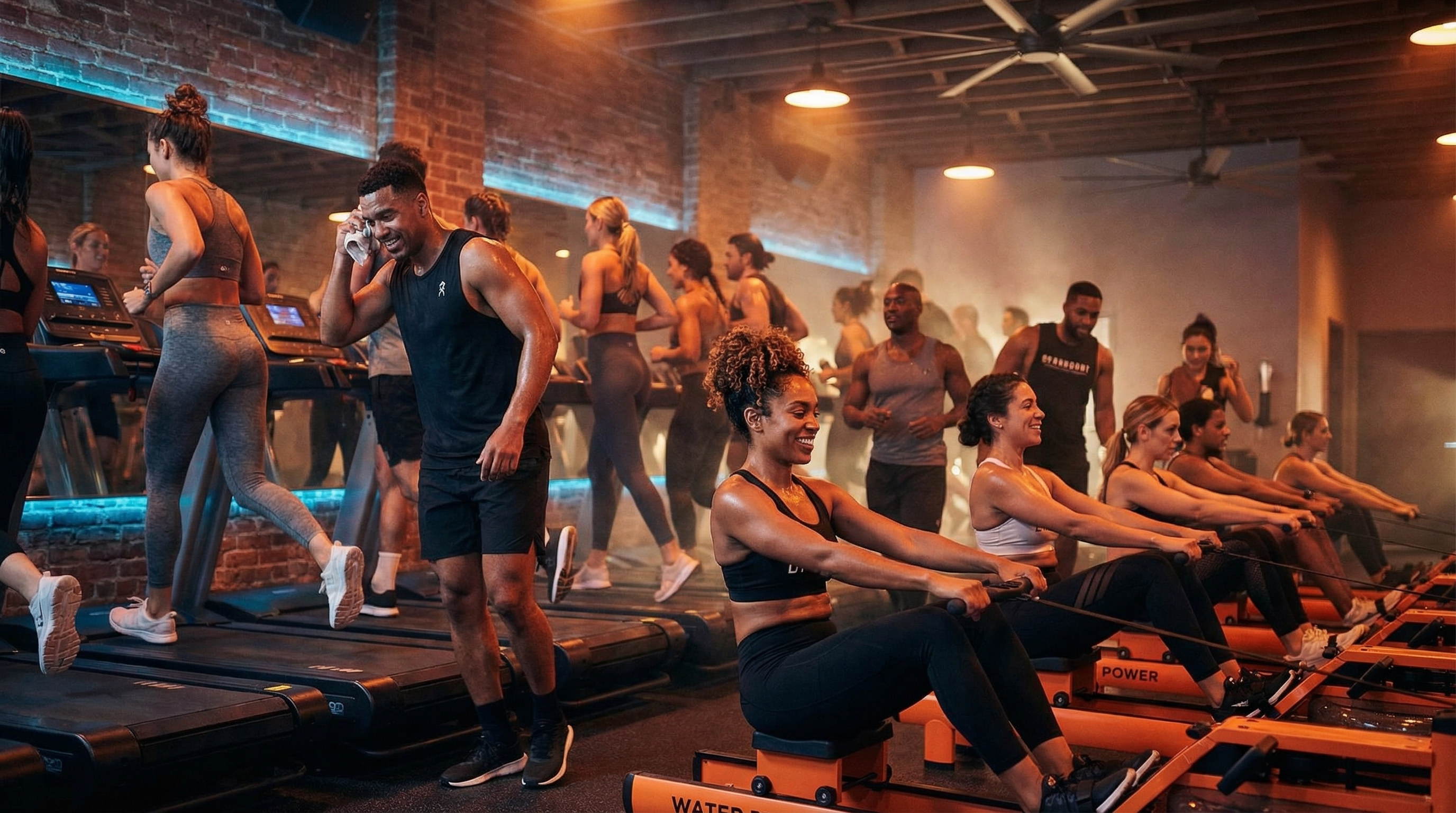 A diverse group of Orangetheory athletes smiling and working hard during a benchmark workout.