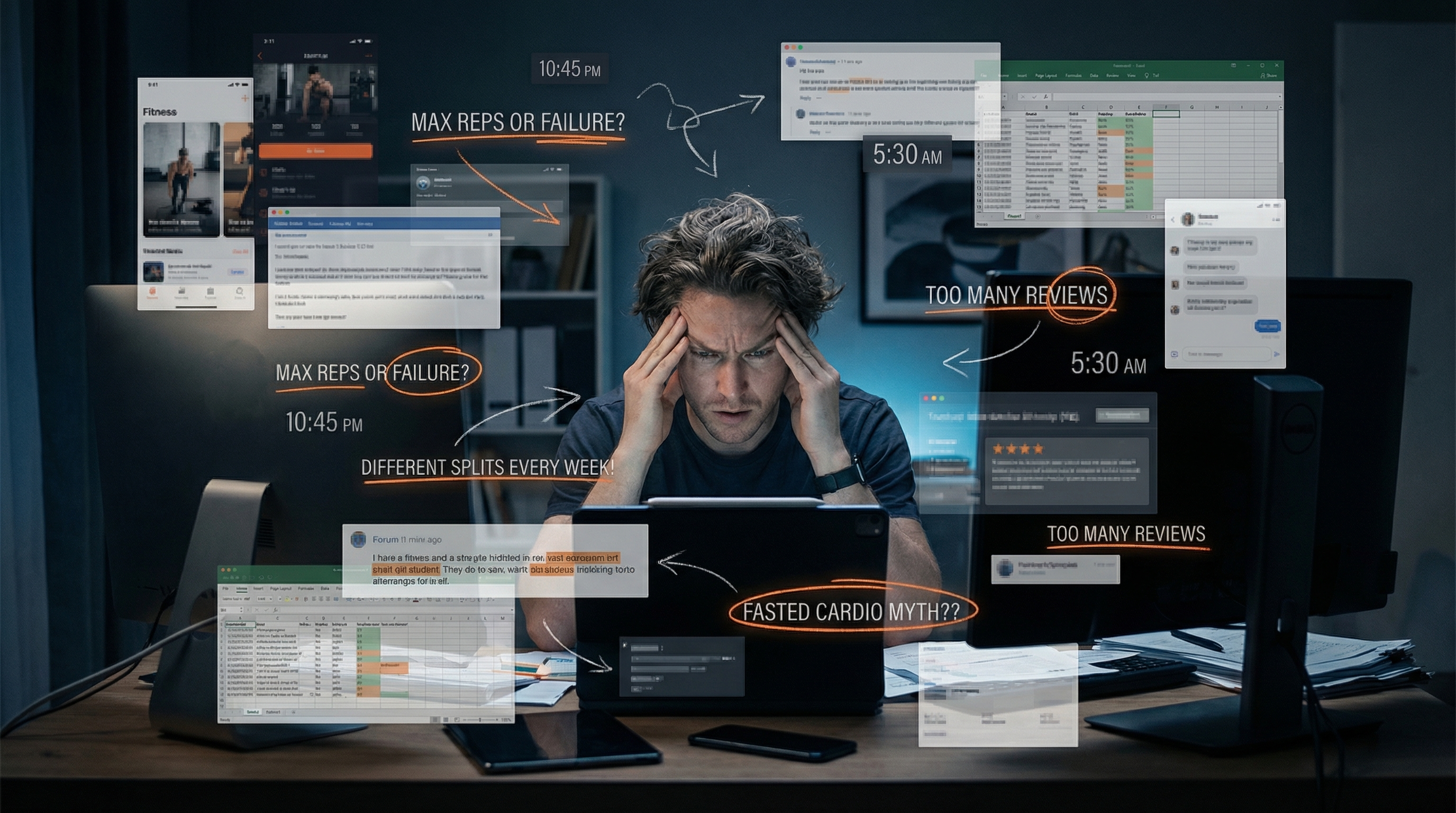 Overwhelming collage of messy workout intel from scattered internet sources.